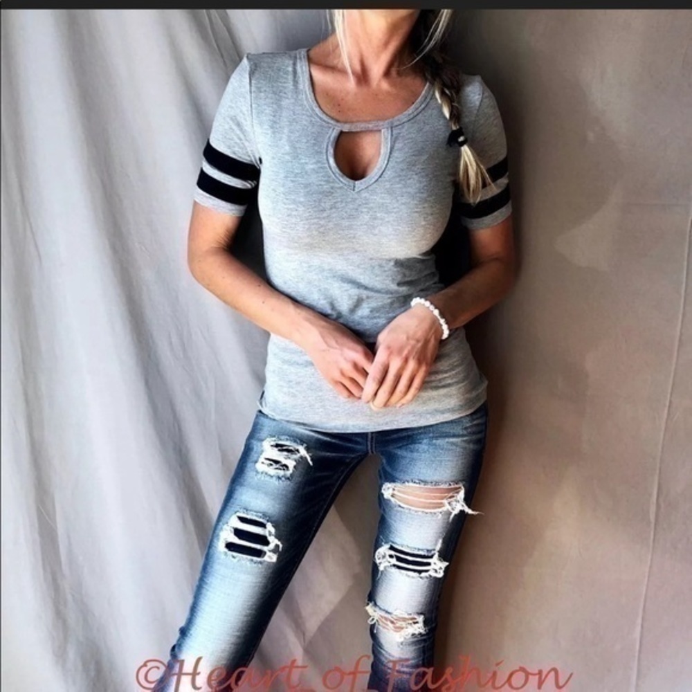 Color Block Stripe Short Sleeve Keyhole Tee Shirt - Picture 2 of 7
